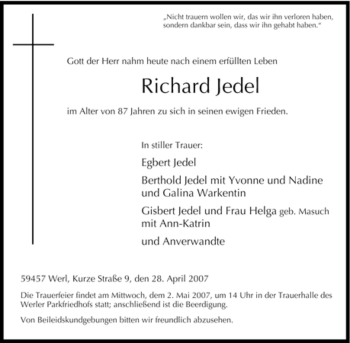 Todesanzeige von Richard Jedel von WESTFÄLISCHER ANZEIGER