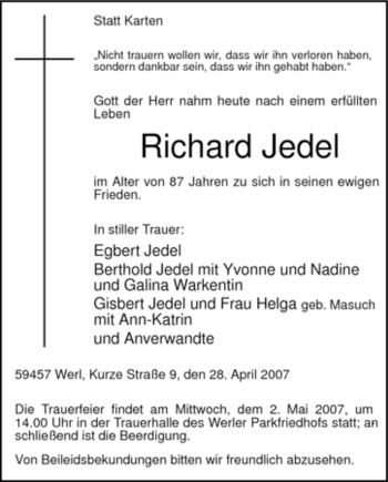 Todesanzeige von Richard Jedel von WESTFÄLISCHER ANZEIGER