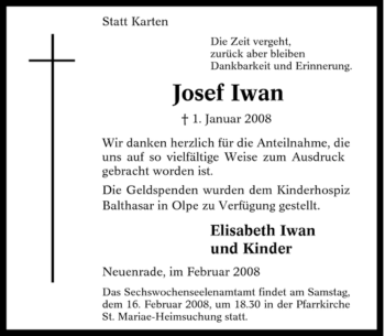 Todesanzeige von Josef Iwan von WESTFÄLISCHER ANZEIGER