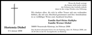 Todesanzeige von Hortensia Diebel von WESTFÄLISCHER ANZEIGER