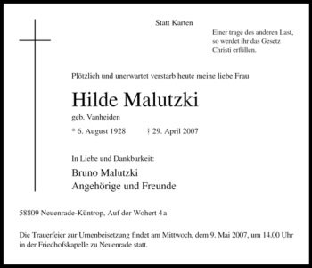 Todesanzeige von Hilde Malutzki von WESTFÄLISCHER ANZEIGER