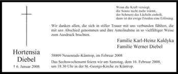 Todesanzeige von Hortensia Diebel von WESTFÄLISCHER ANZEIGER