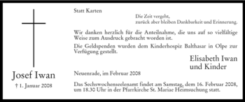 Todesanzeige von Josef Iwan von WESTFÄLISCHER ANZEIGER