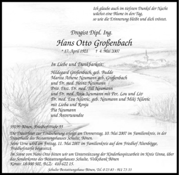 Todesanzeige von Hans Otto Großenbach von WESTFÄLISCHER ANZEIGER