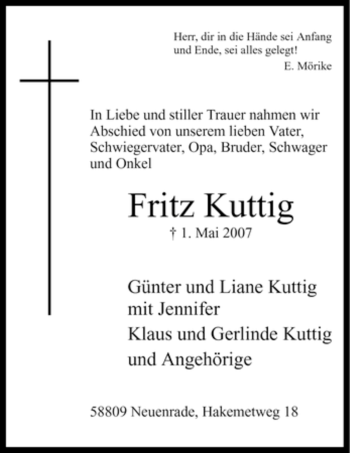 Todesanzeige von Fritz Kuttig von WESTFÄLISCHER ANZEIGER