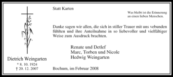Todesanzeige von Dietrich Weingarten von WESTFÄLISCHER ANZEIGER