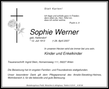 Todesanzeige von Sophie Werner von WESTFÄLISCHER ANZEIGER