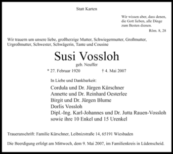 Todesanzeige von Susi Vossloh von WESTFÄLISCHER ANZEIGER