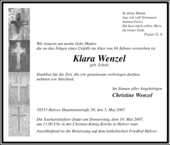 Todesanzeige von Klara Wenzel von WESTFÄLISCHER ANZEIGER