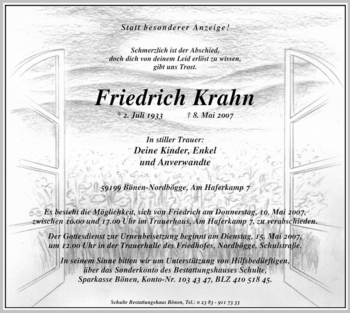 Todesanzeige von Friedrich Krahn von WESTFÄLISCHER ANZEIGER