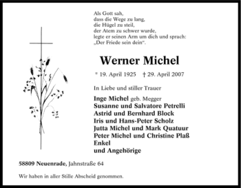 Todesanzeige von Werner Michel von WESTFÄLISCHER ANZEIGER