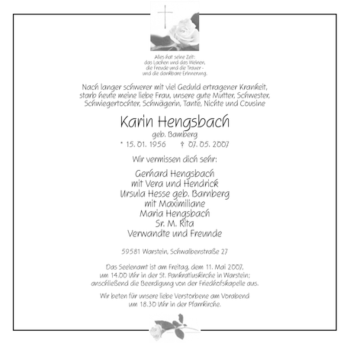 Todesanzeige von Karin Hengsbach von WESTFÄLISCHER ANZEIGER
