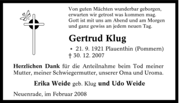 Todesanzeige von Gertrud Klug von WESTFÄLISCHER ANZEIGER