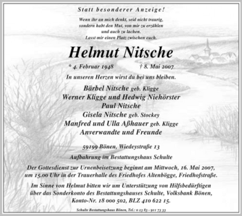 Todesanzeige von Helmut Nitsche von WESTFÄLISCHER ANZEIGER