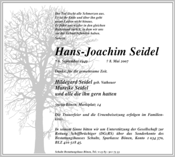 Todesanzeige von Hans-Joachim Seidel von WESTFÄLISCHER ANZEIGER