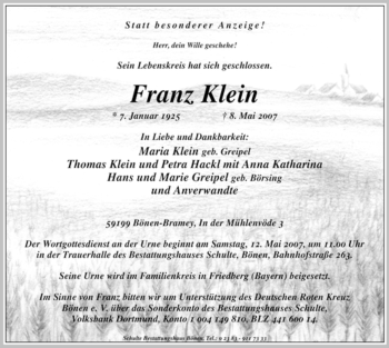 Todesanzeige von Franz Klein von WESTFÄLISCHER ANZEIGER