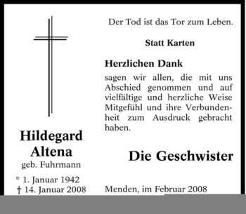 Todesanzeige von Hildegard Altena von WESTFÄLISCHER ANZEIGER