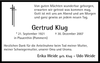 Todesanzeige von Gertrud Klug von WESTFÄLISCHER ANZEIGER