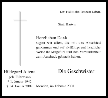 Todesanzeige von Hildegard Altena von WESTFÄLISCHER ANZEIGER