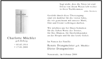 Todesanzeige von Charlotte Müchler von WESTFÄLISCHER ANZEIGER