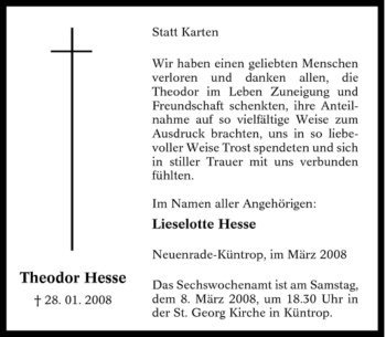 Todesanzeige von Theodor Hesse von WESTFÄLISCHER ANZEIGER