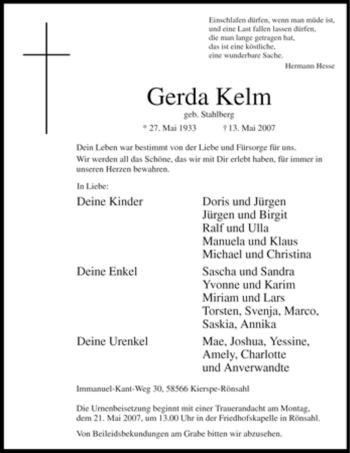 Todesanzeige von Gerda Kelm von WESTFÄLISCHER ANZEIGER