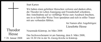 Todesanzeige von Theodor Hesse von WESTFÄLISCHER ANZEIGER