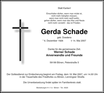 Todesanzeige von Gerda Schade von WESTFÄLISCHER ANZEIGER