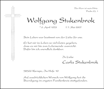 Todesanzeige von Wolfgang Stukenbrok von WESTFÄLISCHER ANZEIGER