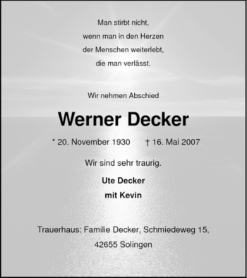 Todesanzeige von Werner Decker von WESTFÄLISCHER ANZEIGER