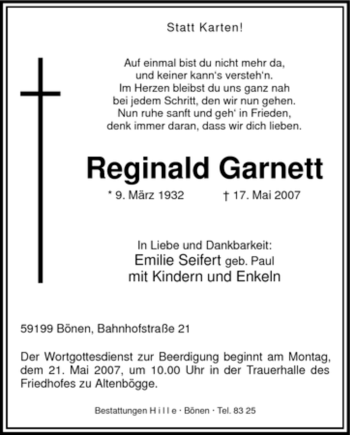 Todesanzeige von Reginald Garnett von WESTFÄLISCHER ANZEIGER