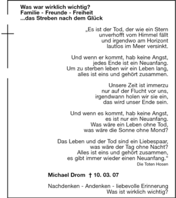Todesanzeige von Michael Drom von WESTFÄLISCHER ANZEIGER