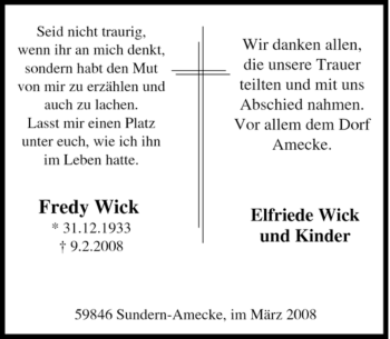 Todesanzeige von Fredy Wick von WESTFÄLISCHER ANZEIGER