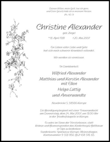 Todesanzeige von Christine Alexander von WESTFÄLISCHER ANZEIGER