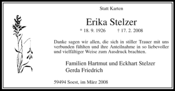 Todesanzeige von Erika Stelzer von WESTFÄLISCHER ANZEIGER