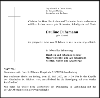 Todesanzeige von Pauline Fühsmann von WESTFÄLISCHER ANZEIGER