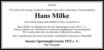 Todesanzeige von Hans Milke von WESTFÄLISCHER ANZEIGER