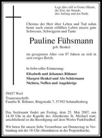 Todesanzeige von Pauline Fühsmann von WESTFÄLISCHER ANZEIGER