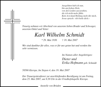 Todesanzeige von Karl Wilhelm Schmidt von WESTFÄLISCHER ANZEIGER