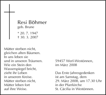 Todesanzeige von Resi Böhmer von WESTFÄLISCHER ANZEIGER