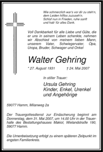 Todesanzeige von Walter Gehring von WESTFÄLISCHER ANZEIGER