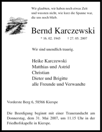 Todesanzeige von Bernd Karczewski von WESTFÄLISCHER ANZEIGER