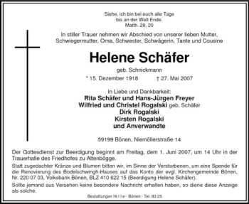Todesanzeige von Helene Schäfer von WESTFÄLISCHER ANZEIGER