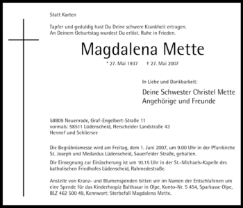 Todesanzeige von Magdalena Mette von WESTFÄLISCHER ANZEIGER