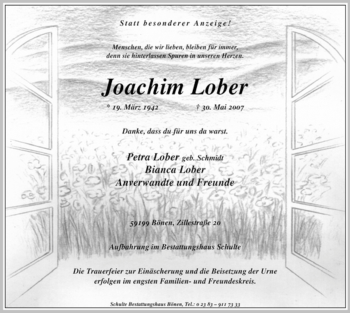 Todesanzeige von Joachim Lober von WESTFÄLISCHER ANZEIGER