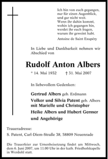 Todesanzeige von Rudolf Anton Albers von WESTFÄLISCHER ANZEIGER