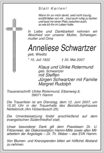 Todesanzeige von Anneliese Schwartzer von WESTFÄLISCHER ANZEIGER