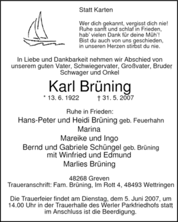 Todesanzeige von Karl Brünning von WESTFÄLISCHER ANZEIGER