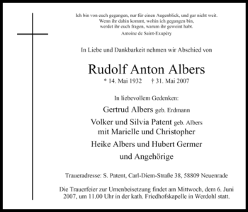 Todesanzeige von Rudolf Anton Albers von WESTFÄLISCHER ANZEIGER