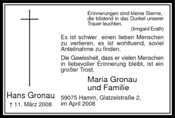 Todesanzeige von Hans Gronau von WESTFÄLISCHER ANZEIGER